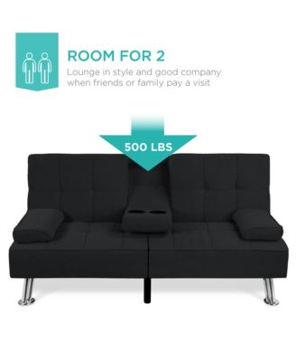 Modern Linen Convertible Futon Sofa Bed w/ Removable Armrests, Metal Legs, Cupholders