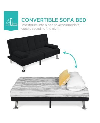 Modern Linen Convertible Futon Sofa Bed w/ Removable Armrests, Metal Legs, Cupholders
