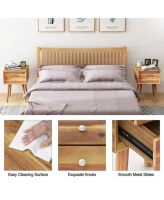 2PCS Wooden Nightstand Mid-Century End Side Table W/2 Storage Drawers