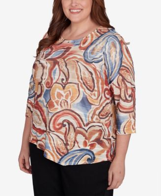 Plus Size Harvest Moon Watercolor Paisley Crew Neck Top