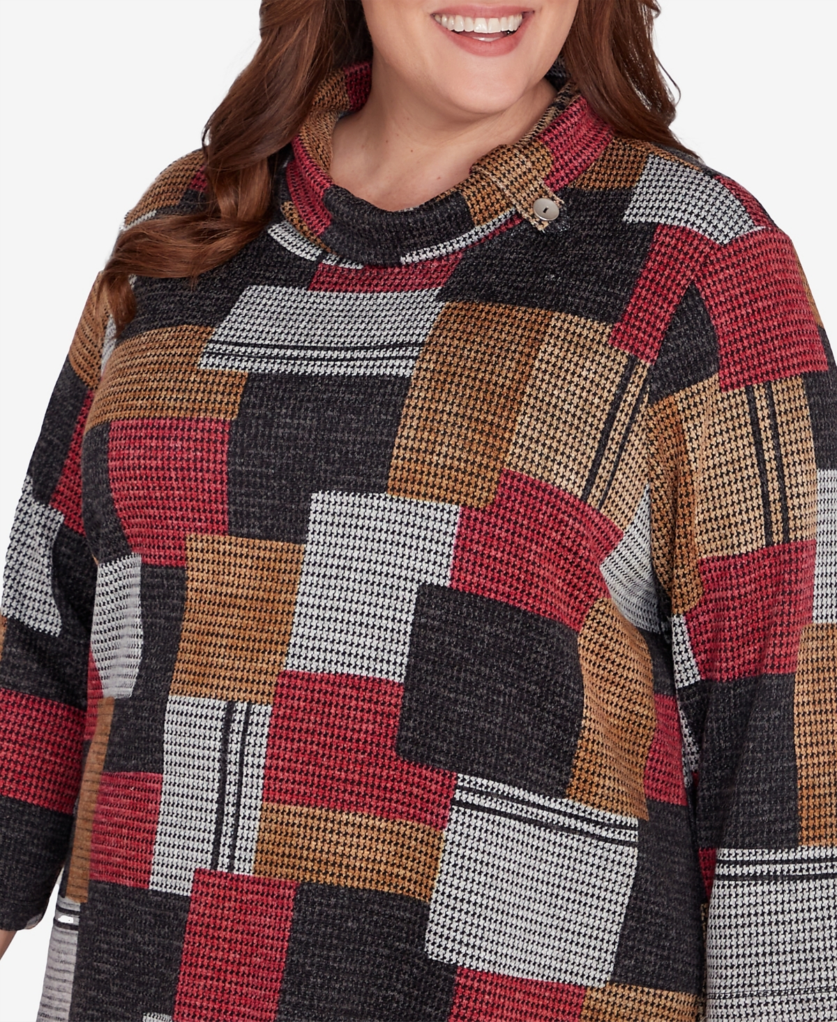 Alfred Dunner Plus Size Runway Ready Houndstooth Patchwork Cowl Neck Top