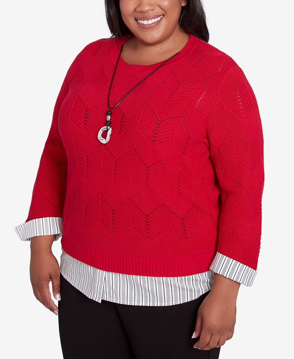 Alfred Dunner Plus Size Runway Ready Woven Chevron Sweater With Necklace In Red