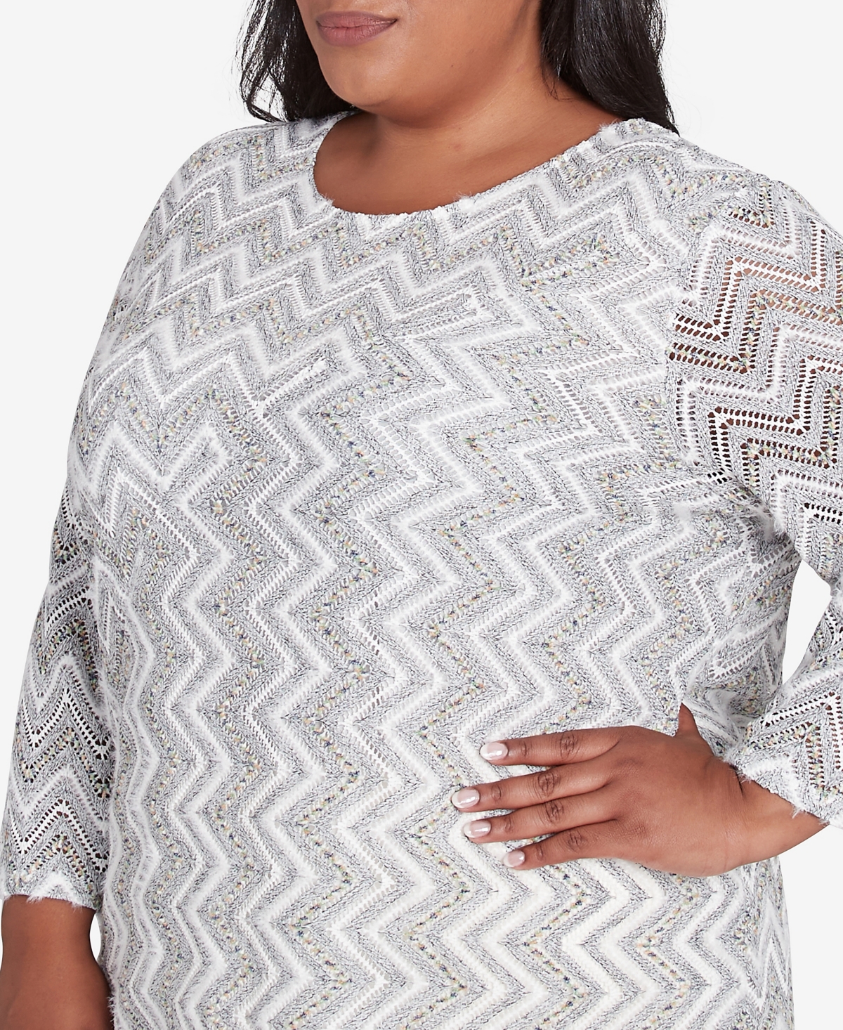 Alfred Dunner Plus Size Copenhagen Spliced Crew Neck Wavy Stripe Top In Grey Multi