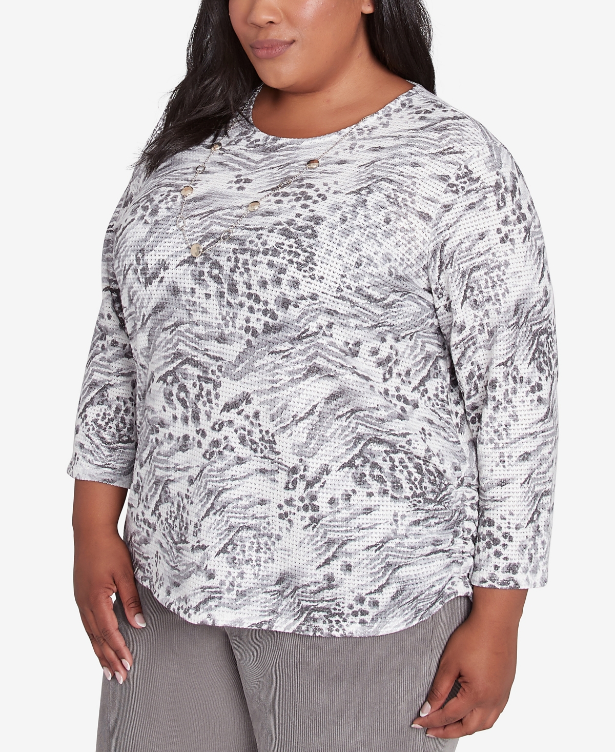 Alfred Dunner Plus Size Copenhagen Monotone Gray Animal Print Top