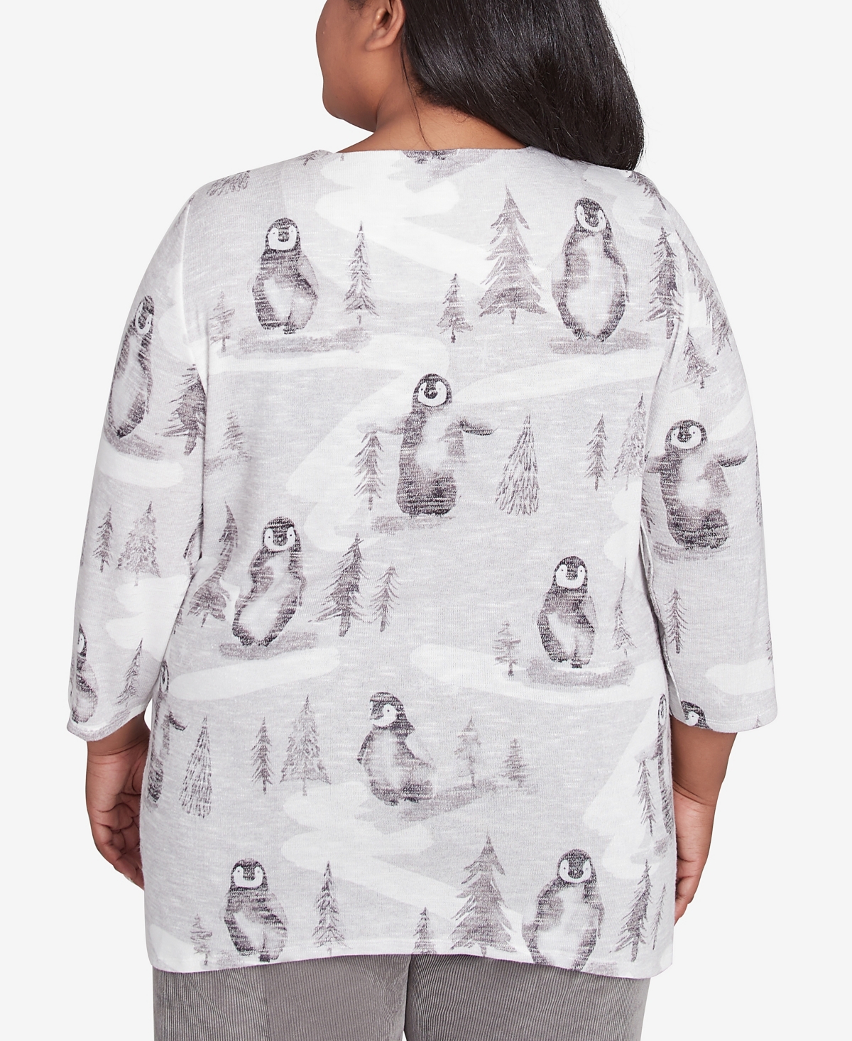 Alfred Dunner Plus Size Copenhagen Penguin Field Crew Neck Top In Grey Multi