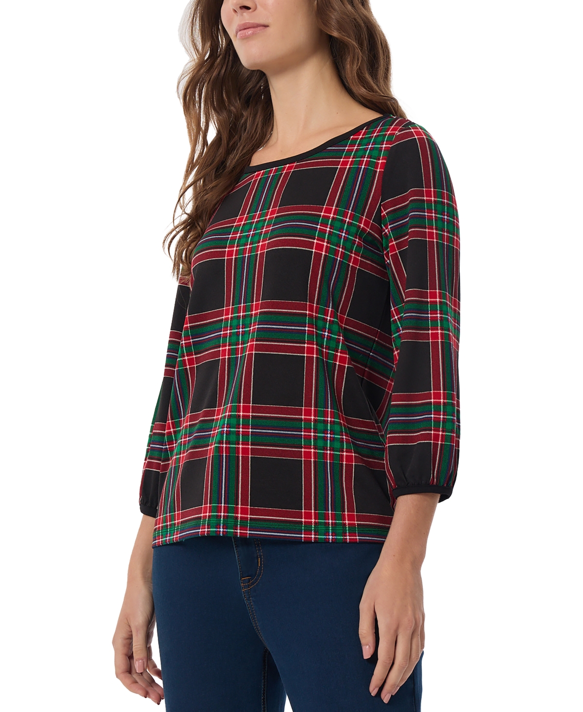 Jones New York Women's Plaid-Print Puff-Sleeve Top