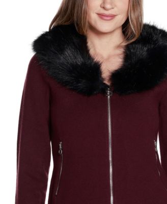 Women's Black Label Faux Fur Collar Short Zip Cardigan Sweater
