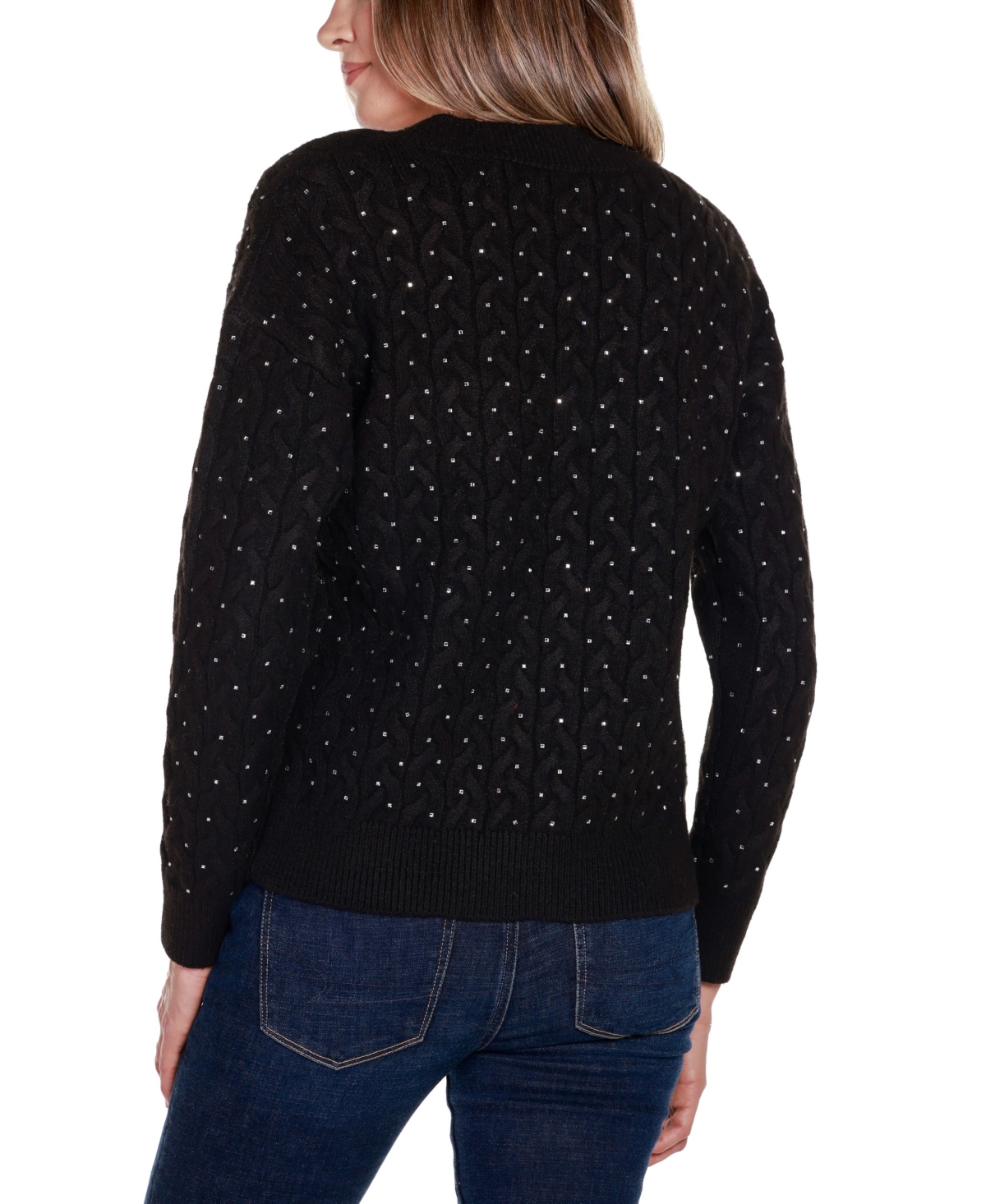 Belldini Women'sLabel Embellished Cabled V-Neck Sweater - Black