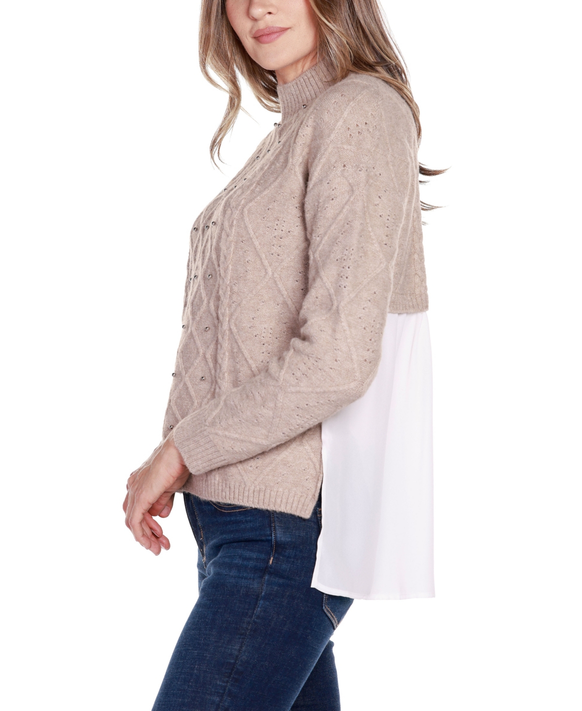 Belldini Women's Black Label Chiffon-Back Cable Sweater -White