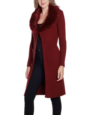 Black Label Women's Ribbed Faux-Fur Collar Duster Cardigan Sweater