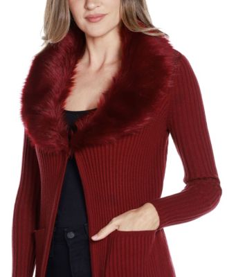 Black Label Women's Ribbed Faux-Fur Collar Duster Cardigan Sweater