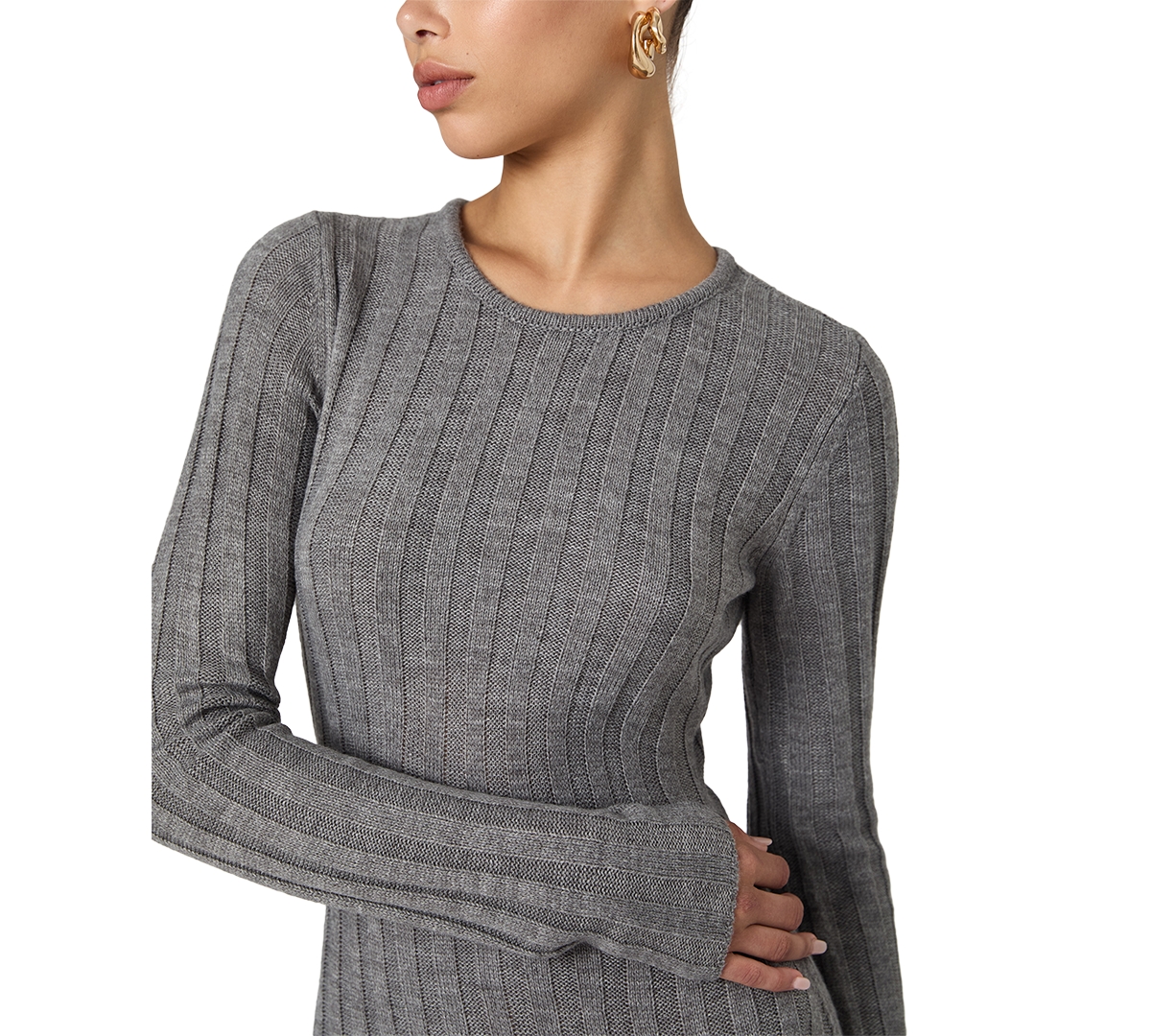 French Connection Long Sleeve Rib Maxi Sweater Dress In Mid Grey Melange