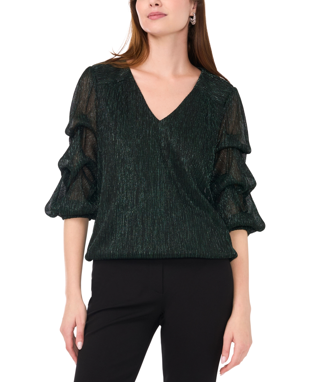 Women's Metallic Mesh Lantern-Sleeve V-Neck Top - Black/Green