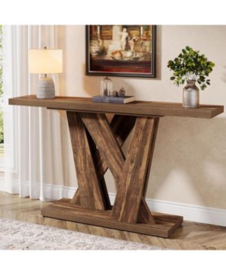 55-Inch Farmhouse Console Table, Entryway Table with Geometric Base, Narrow Sofa Table Rustic Wood Hallway Table, Rustic Brown
