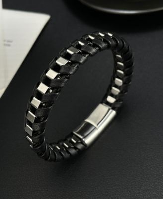 Silver Chain Wrapped Leather Stainless Steel Bracelet