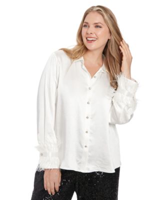Plus Size Collared Feather-Trim-Sleeve Satin Shirt