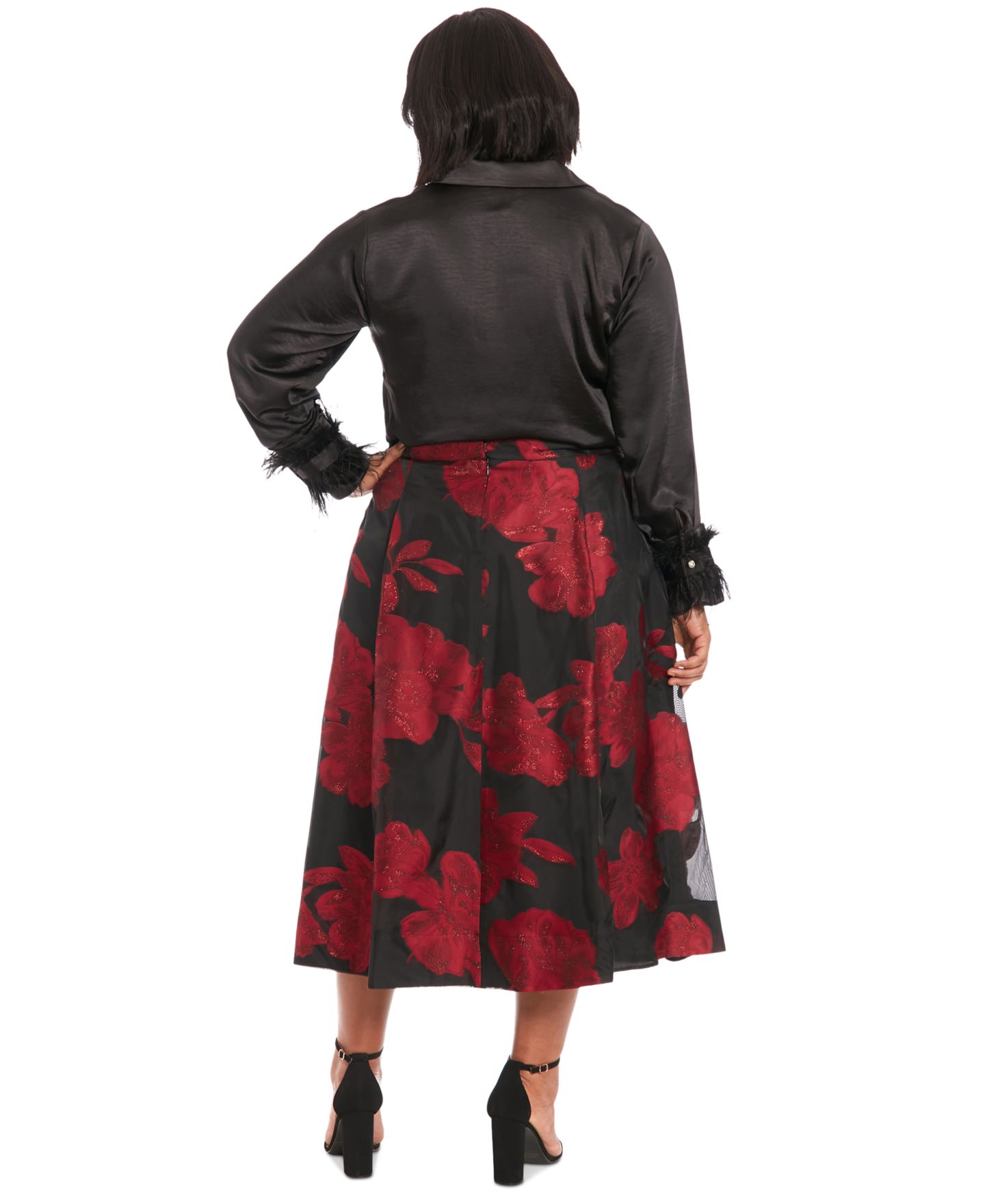 Женская юбка Muse Plus Size Pleated Floral-Print Organza, цвет: Чёрный красный — фото 5