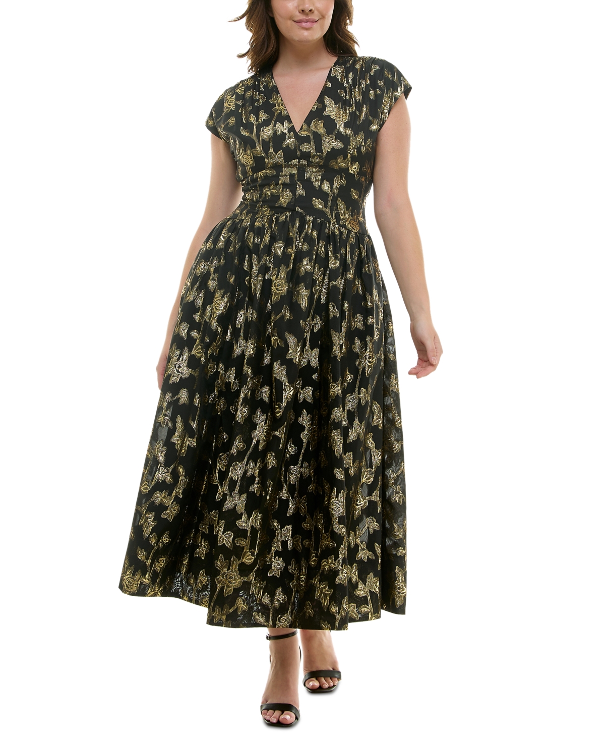 TAYLOR PLUS SIZE PRINTED V-NECK CAP-SLEEVE DRESS 
