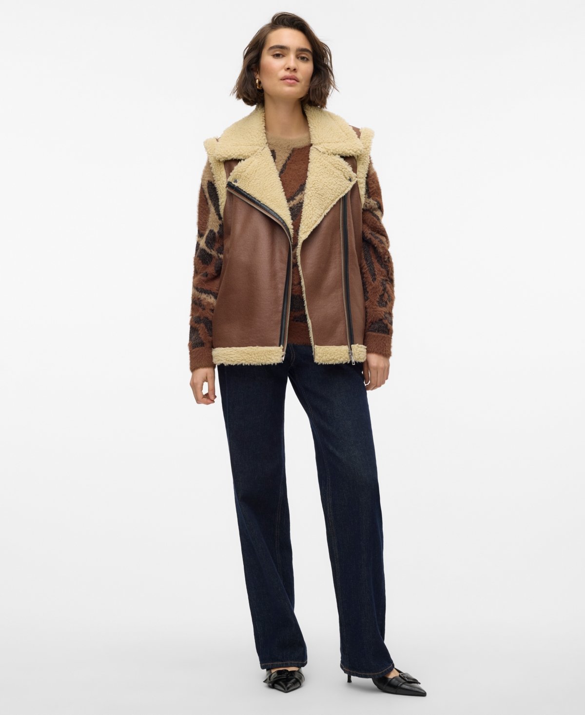 Vero Moda Women's Kay Faux-leather Teddy-line Jacket In Pinecone