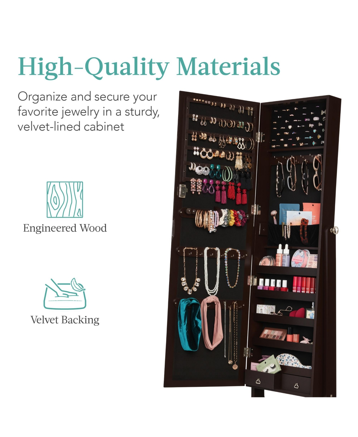 Best Choice Products Jewelry Armoire Cabinet, Full Length Mirror w/ Velvet Storage Interior, Lock