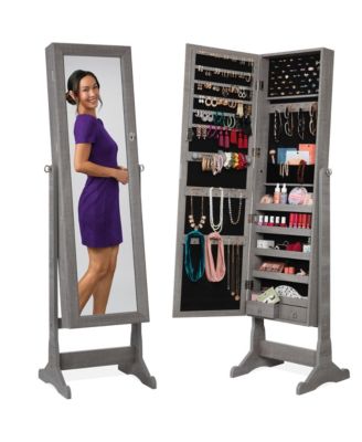 Jewelry Armoire Cabinet, Full Length Mirror w/ Velvet Storage Interior, Lock