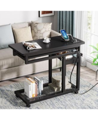 Small Portable Desk with Power Outlet, Height Adjustable Laptop Table with Wheels, Mobile Standing Computer Cart