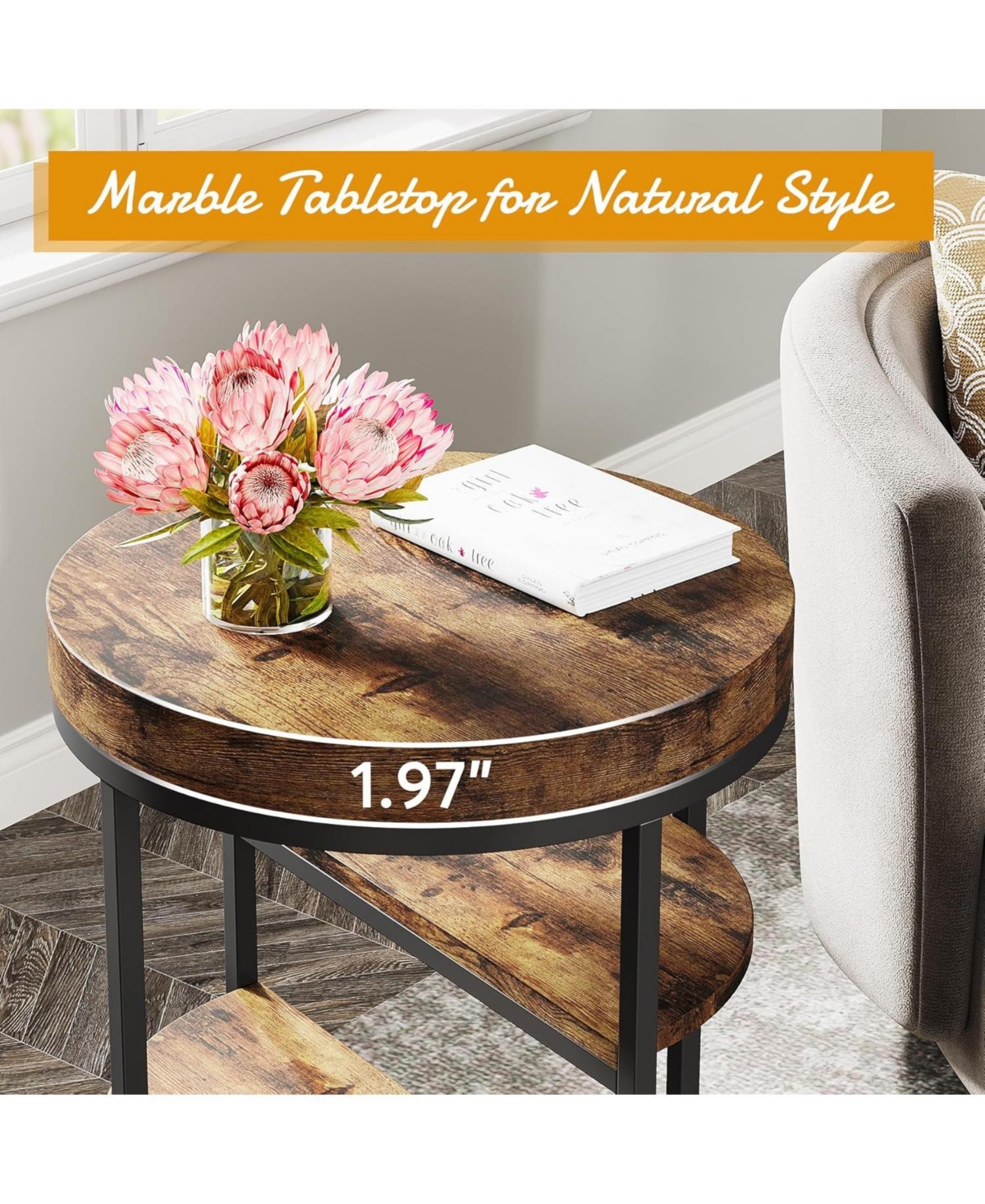 Tribesigns Round End Table, End Table with 3 Storage Shelves, Wood Side Table for Spaces, Industrial Sofa Side Table for Living Room, Rust