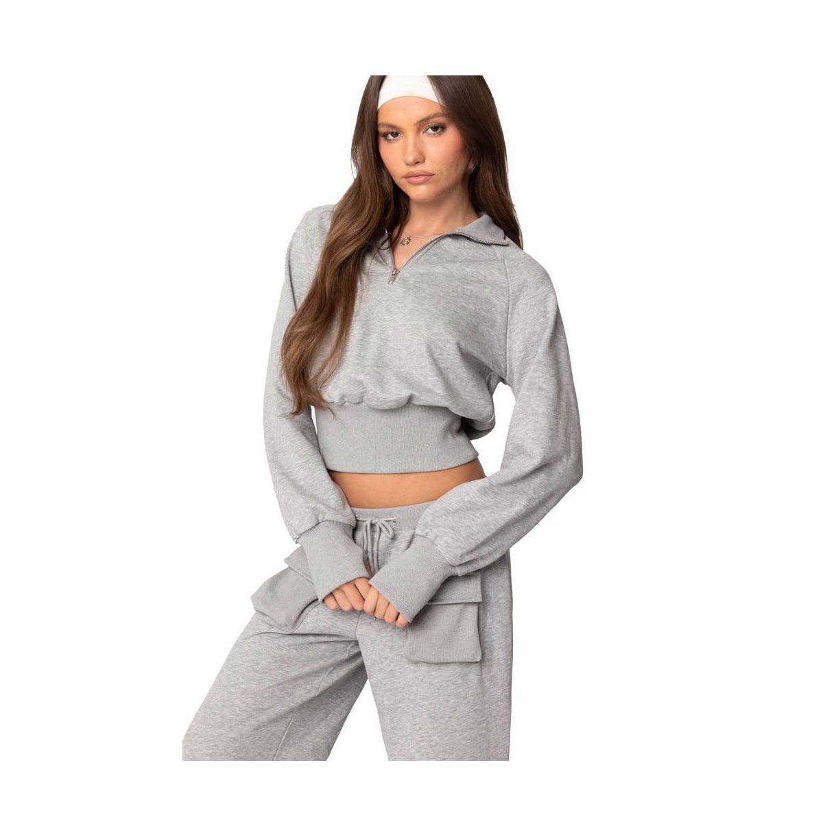 Edikted Women's Bailey French Terry Quarter Zip Top - Gray-melange