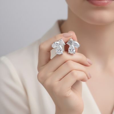 Sterling Silver Cubic Zirconia Three-Stone Cluster Stud Earrings in White Gold Plated or 14k Gold Plated