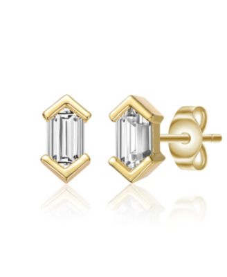 Sterling Silver Mini Cubic Zirconia Baguette Geometric Stud Earrings in White Gold Plated or 14k Gold Plated