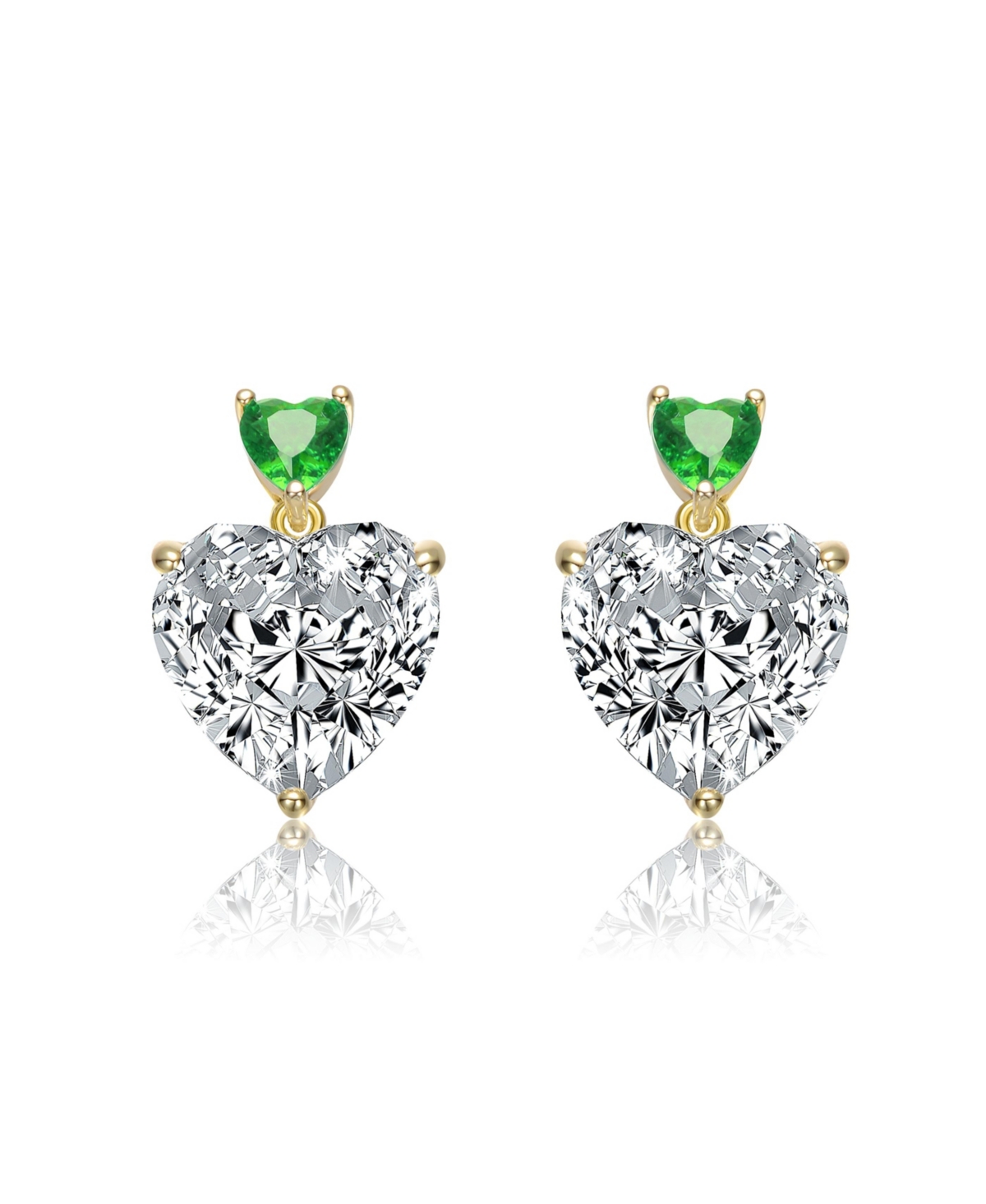 Genevive Sterling Silver 14K Gold Plated with Red, or Blue Cubic Zirconia Two-Stone Heart Stud Earrings - Green