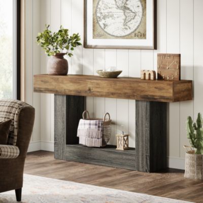63-Inch Farmhouse Wood Console Table with U-Shaped Base, 2-Tier Narrow Sofa Table for Entryway & Living Room