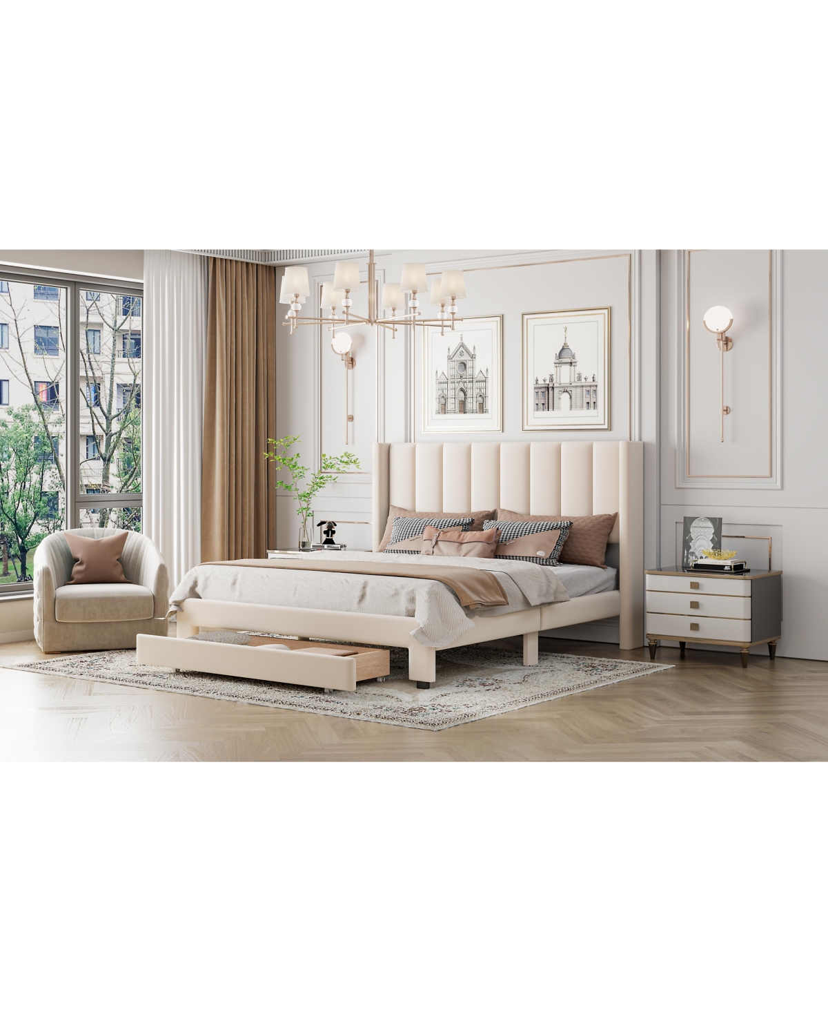 Slickblue Queen Size Velvet Upholstered Storage Bed with Large Drawer – Platform Style