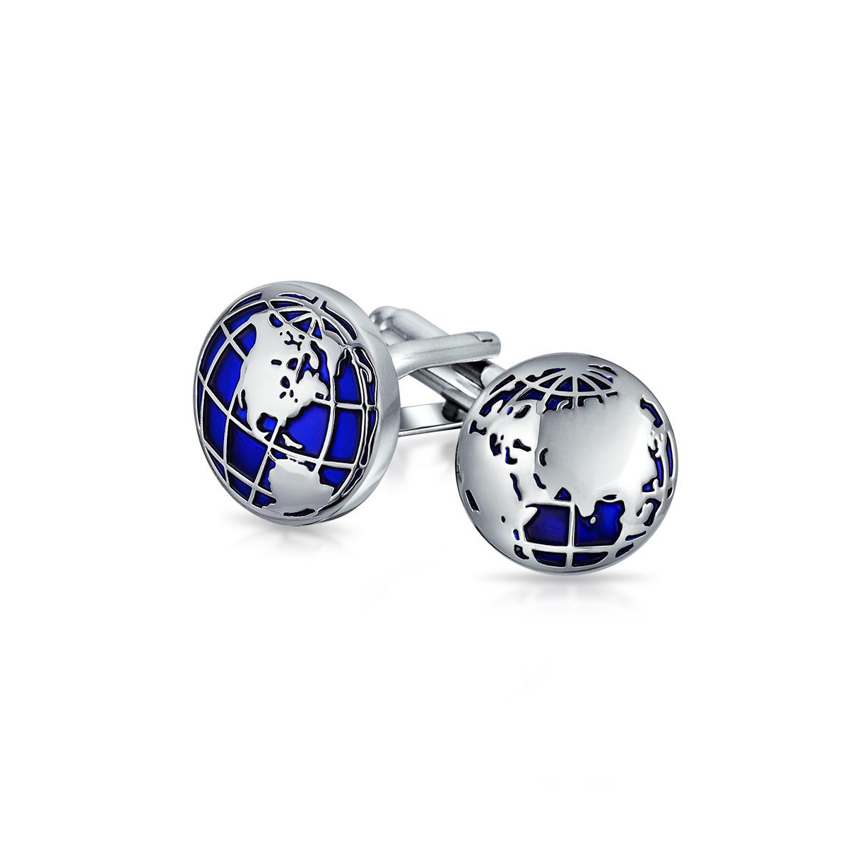 Traveler World Map Blue Round Dome Globe Cufflinks For Executive Men For Graduation Bullet Hinge Back Stainless Steel - Blue