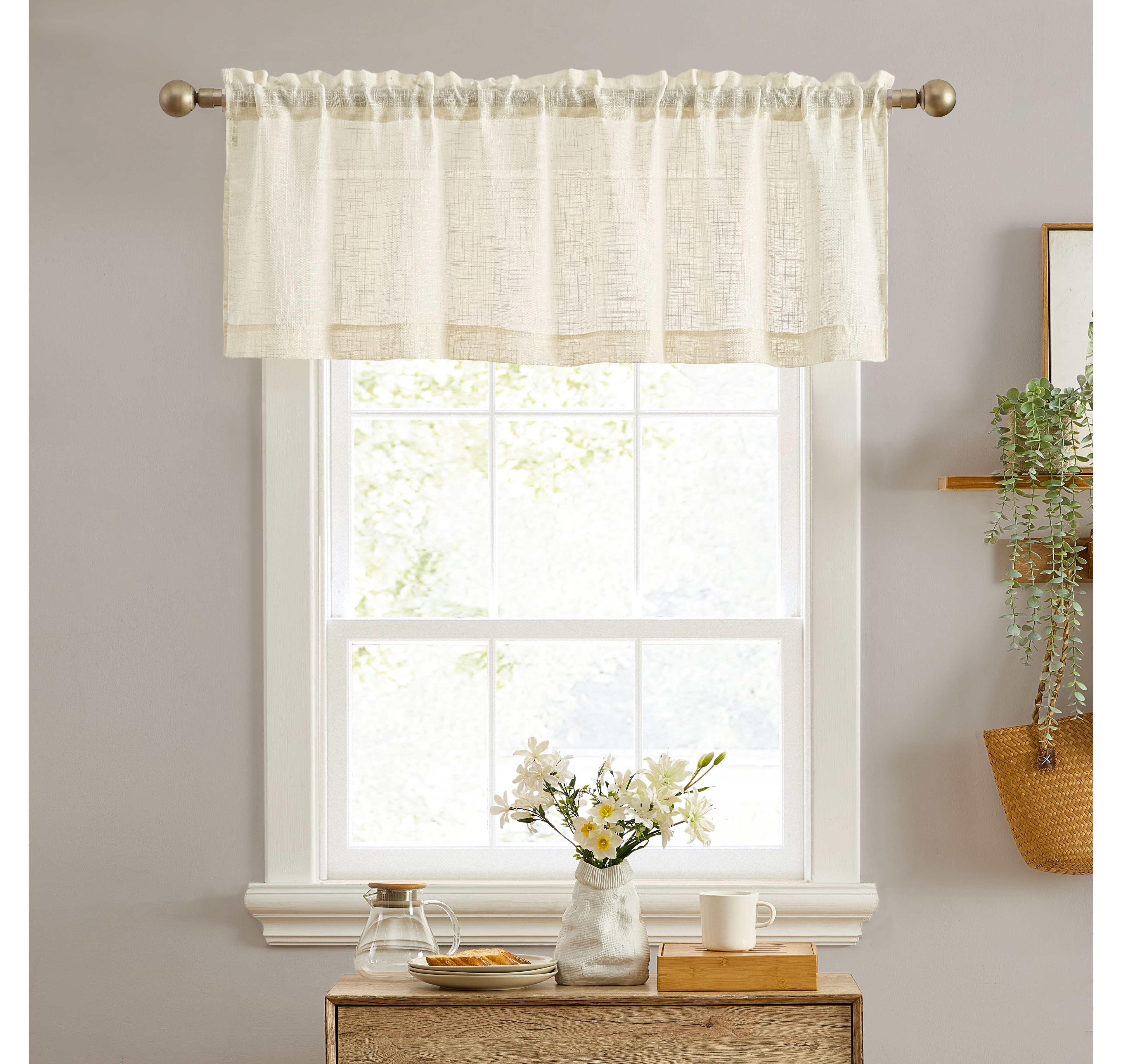 Hlc.me Linda Faux Linen Textured Semi Sheer Privacy Light Filtering Transparent Thick Half Short Rod Pocket Curtain Valance Topper Small Windows, Livi