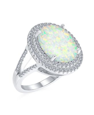 White Synthetic Opal Oval Split Shank Pave CZ Accent Double Halo Statement Ring .925 Sterling Silver