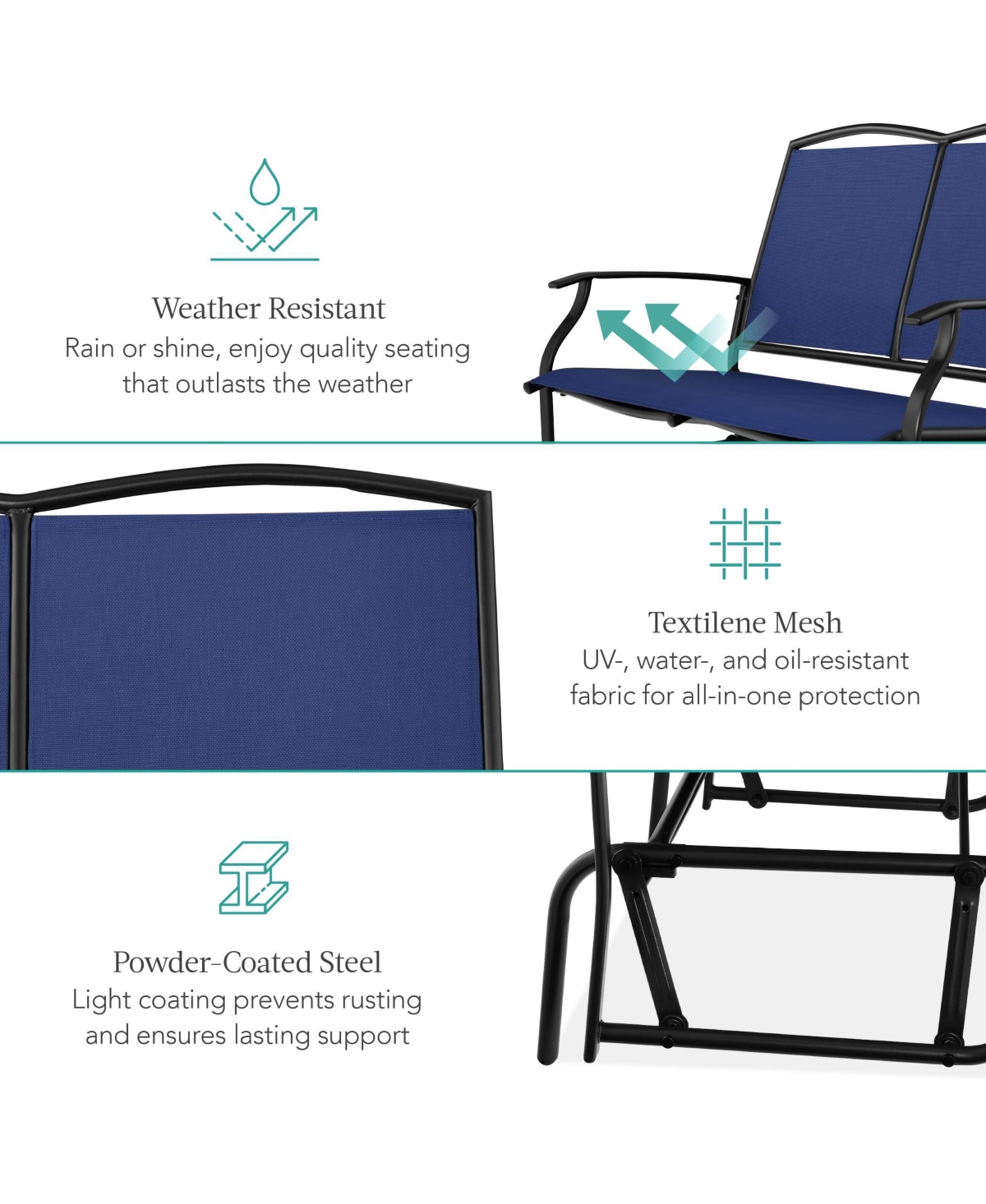 Best Choice Products 2-Person Outdoor Swing Glider, Steel Patio Loveseat, Bench Rocker w/ Armrests -black