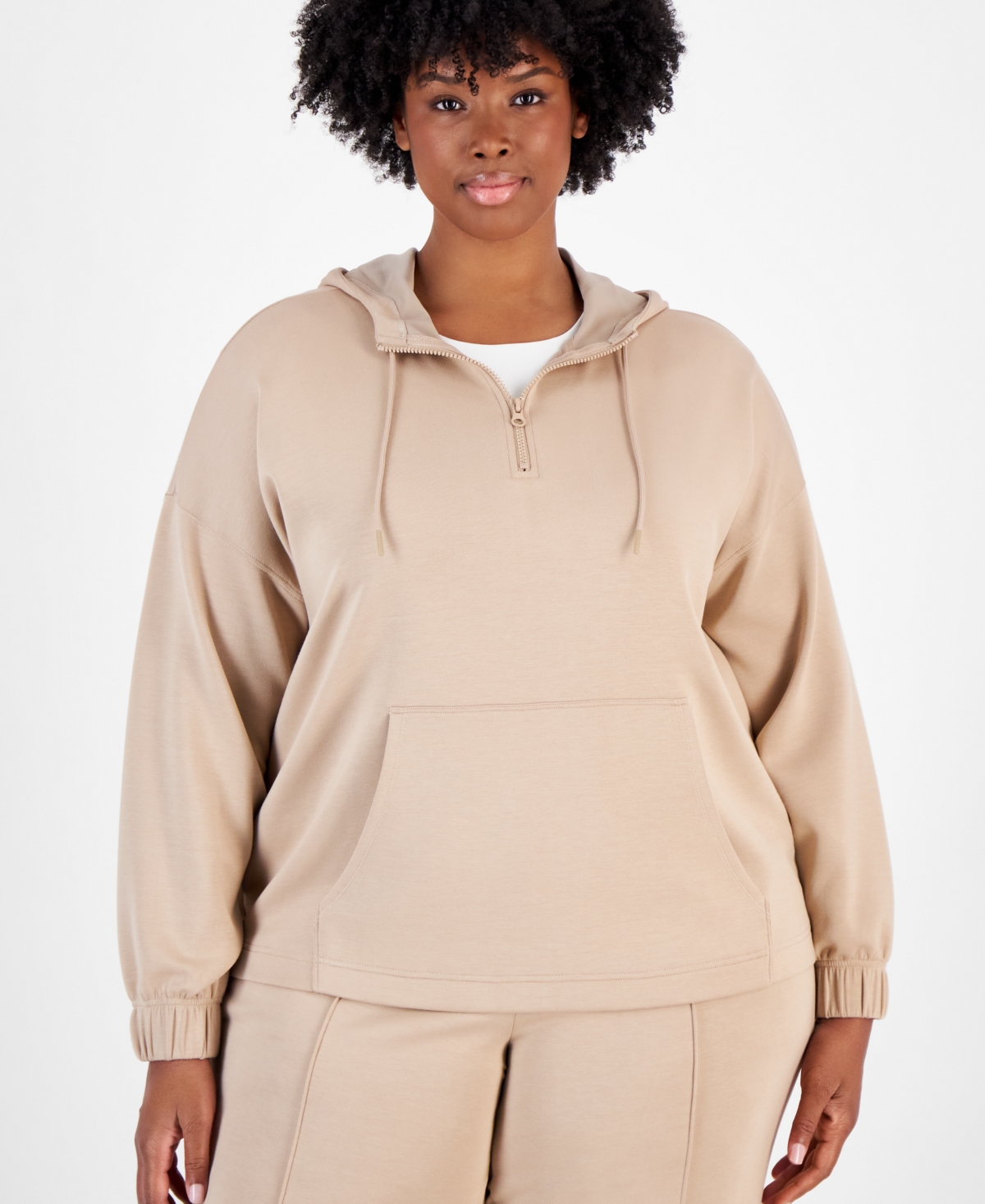 Id Ideology Plus Size Quarter Zip Hooded Sweatshirt, Created For Macy's In Organic Sand