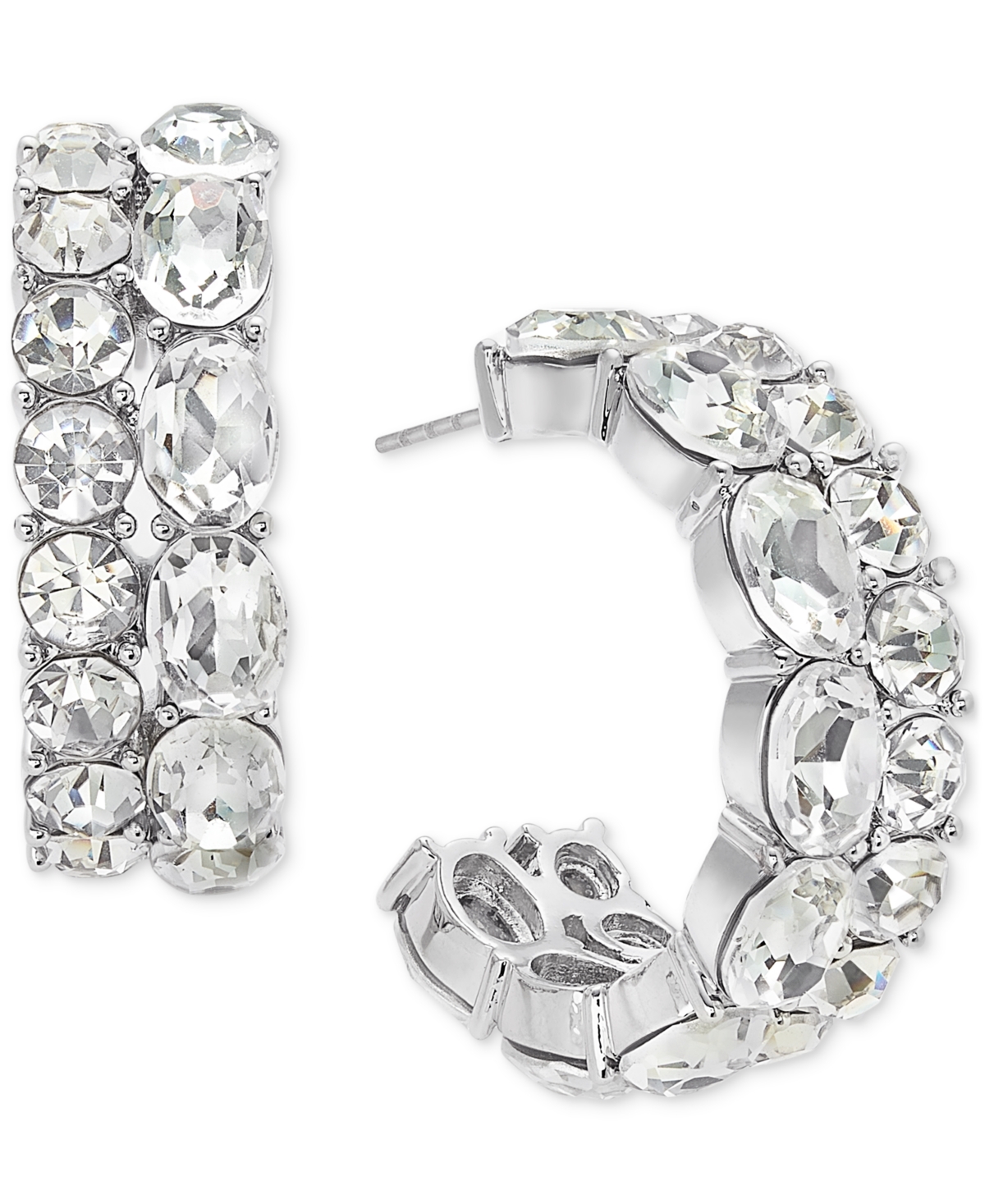 On 34th Gold-tone Small Crystal Double-row C-hoop Earrings, 0.9", Created For Macy's In Silver