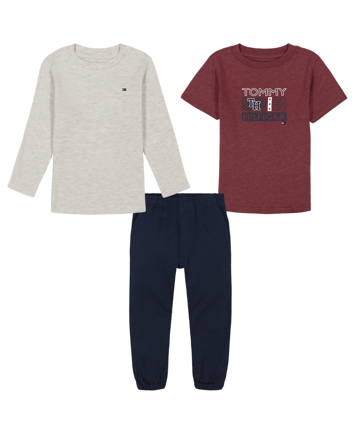 TOMMY HILFIGER BABY BOY LONG SLEEVE HEATHER THERMAL, SHORT SLEEVE LOGO TEE TWILL JOGGERS, 3-PIECE SET 