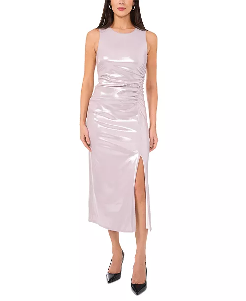 women's asymmetric ruched metallic midi dress
