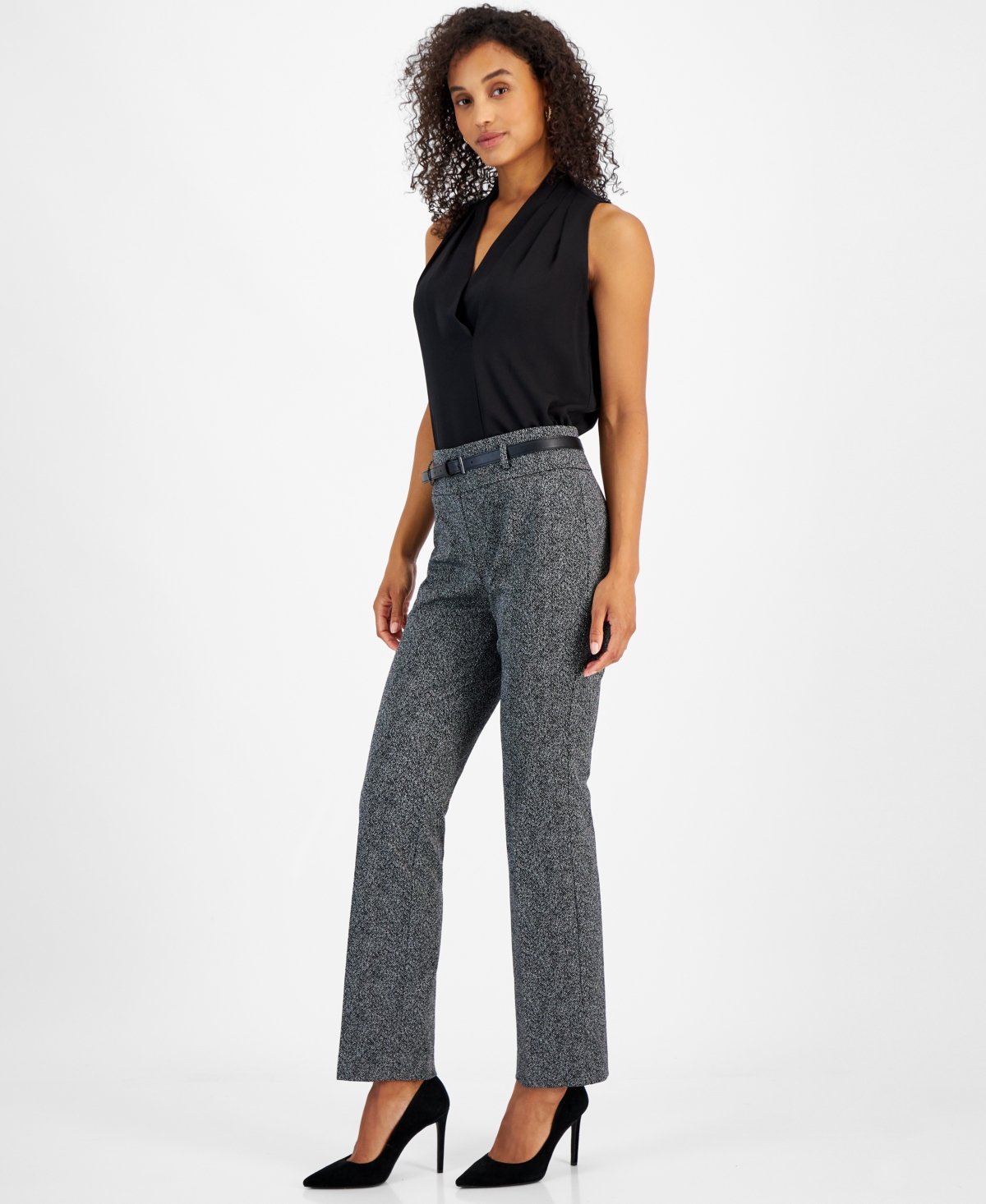 Kasper Women's Herringbone High-Rise Belted Bootcut Pants, Regular & Petite Sizes