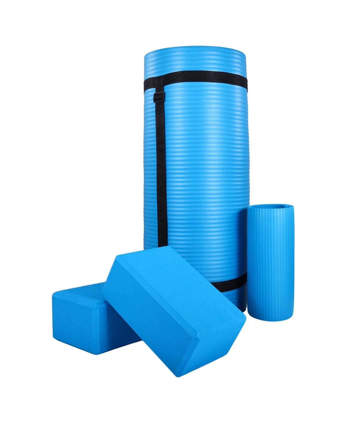 71"x24" Anti Tear Yoga Mat w/Strap, Knee Pad & Blocks, Blue