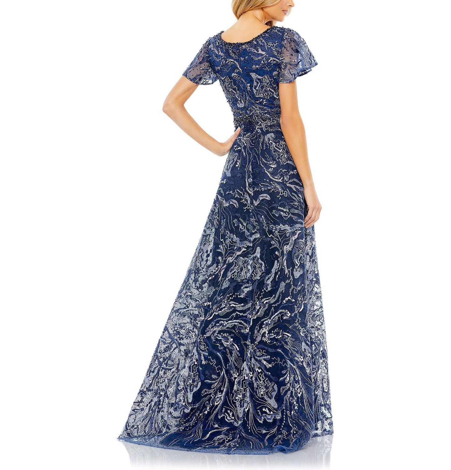 Женские платья Mac Duggal Embellished Illusion Butterfly Sleeve A-Line Gown, цвет: Тёмно-синий — фото 4