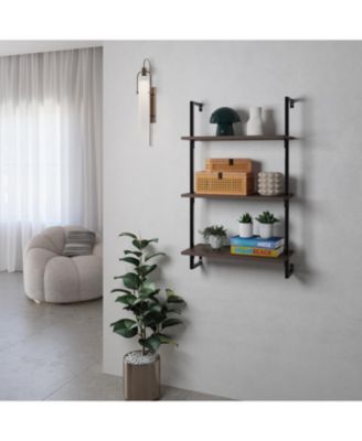 Madera  Industrial 3-Shelf Wood Wall-Mounted Open Ladder Bookcase, Metal Frame