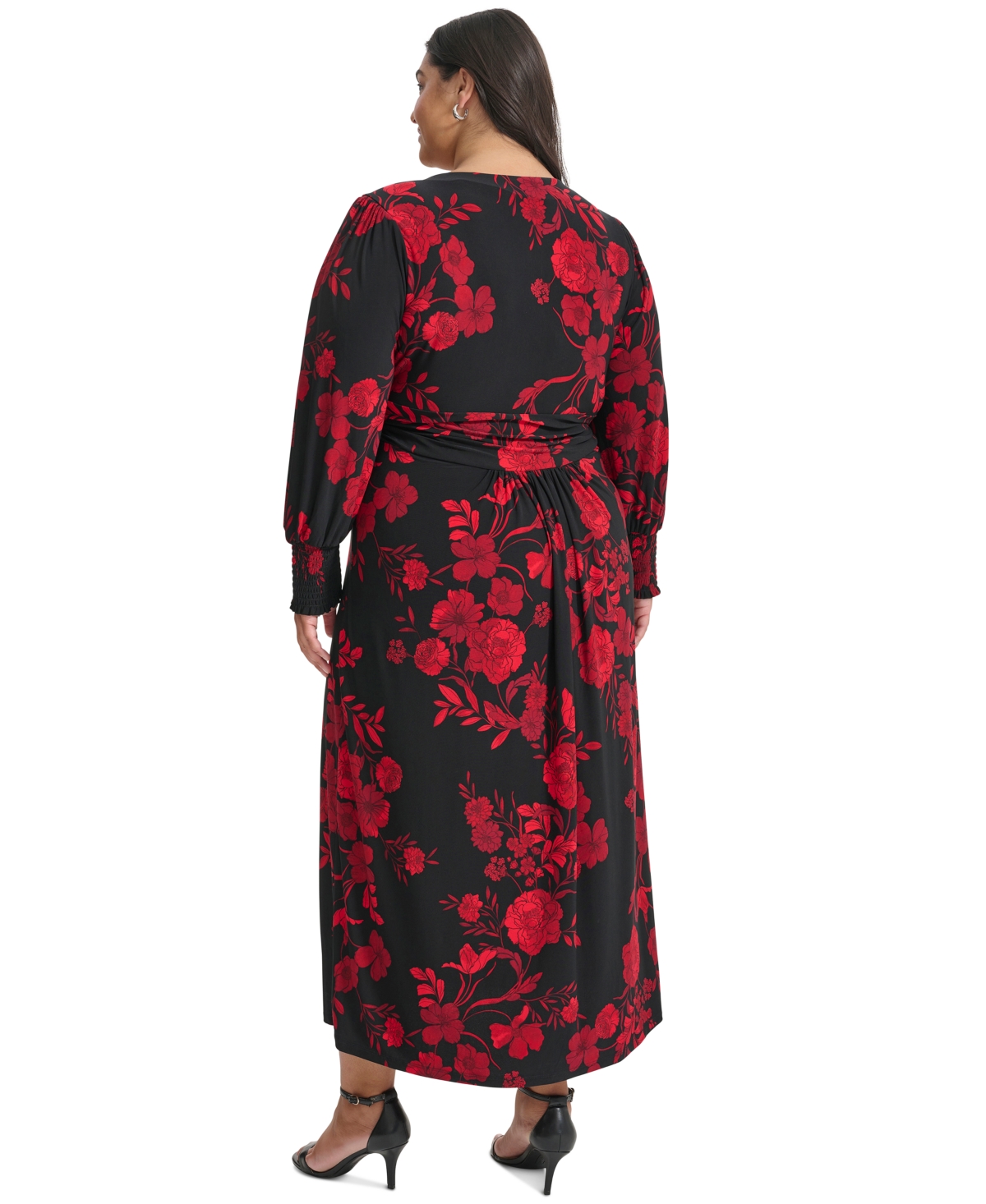 Tommy Hilfiger Plus Size Floral Smocked-Cuff Midi Dress -Scarlet