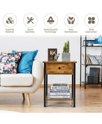 2-Piece Engineered Wood Adjustable Foot Pads, Drawer & Open Shelf Industrial End Side Table Nightstand