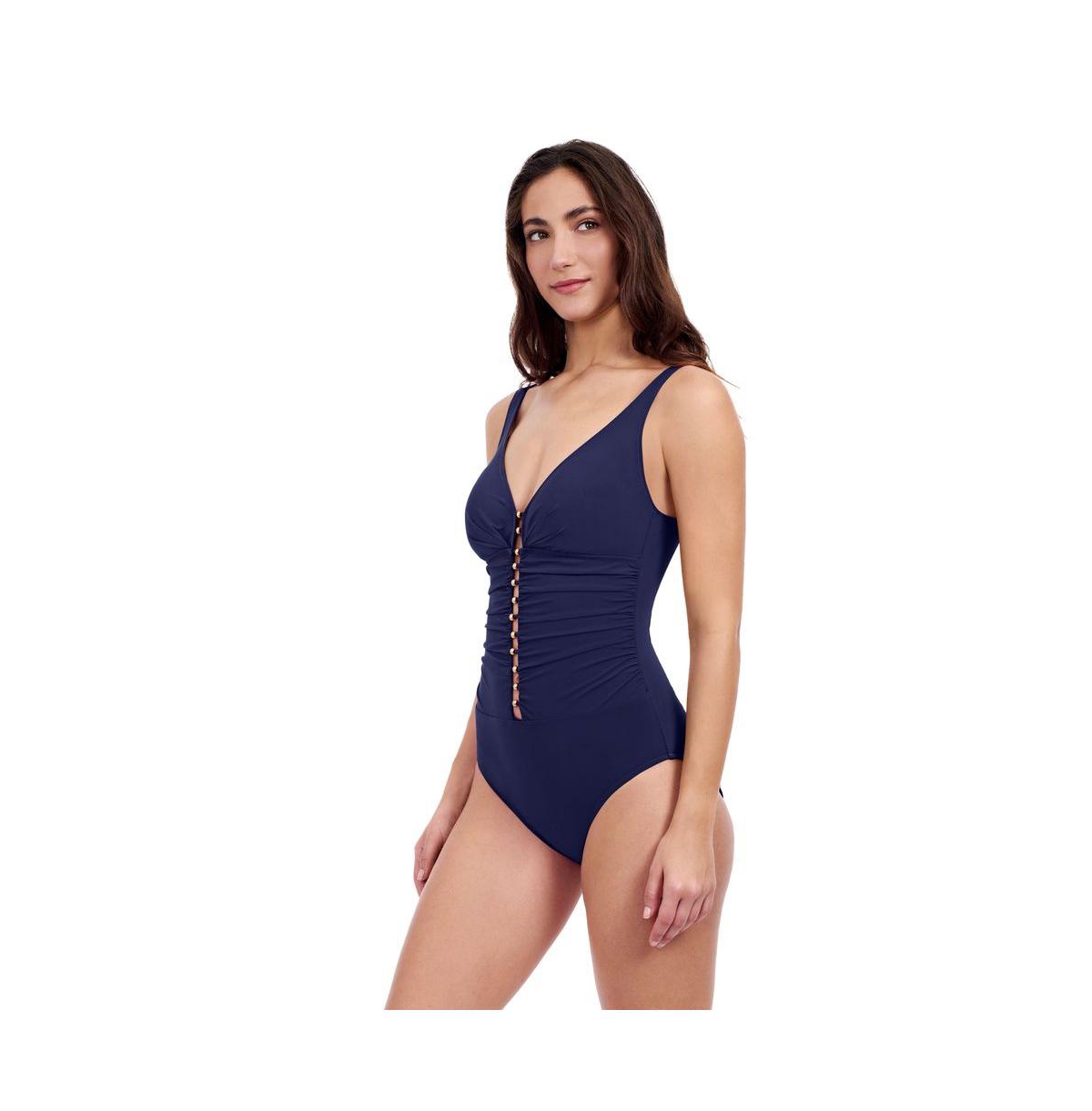 Profile by Gottex Women's Tutti Frutti D Cup V Neck Gold Beaded Detail One Piece