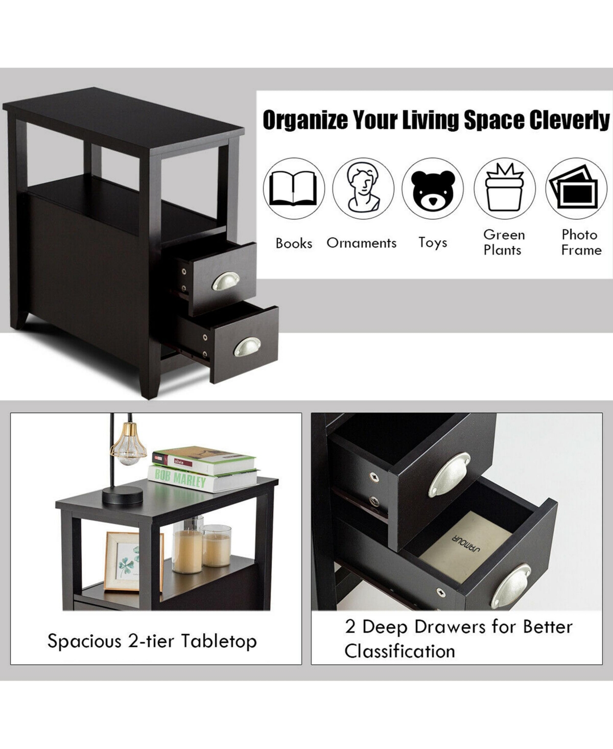 Gymax Set of 2 End Bedside Table Rectangular Nightstand W/ 2 Drawers & Shelf Espresso