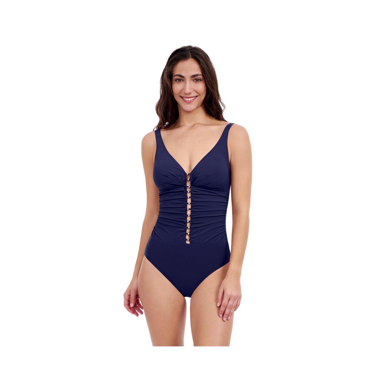 Profile by Gottex Women's Tutti Frutti D Cup V Neck Gold Beaded Detail One Piece